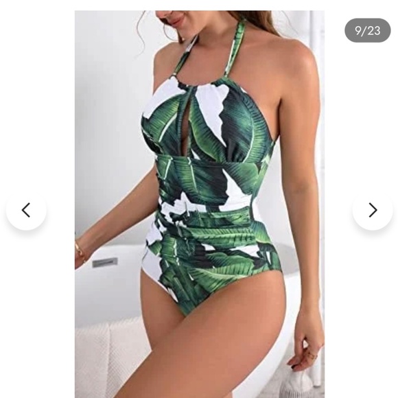 B2PRITY Tropical Palm Frond Leaf V-Neck Ruched‎ Halter 1pc Monokini medium  NWT - Picture 4 of 16